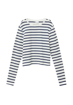 Weißes Langarmoberteil mit navyblauen horizontalen Streifen, geripptem Textil, Rundhalsausschnitt und verkürztem Saum, das ein einfaches, legères Design aufweist.