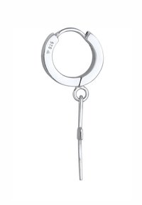 Orecchino a cerchio in argento con una finitura liscia e lucida. Presenta un palo dritto e un design circolare con un piccolo pendente.