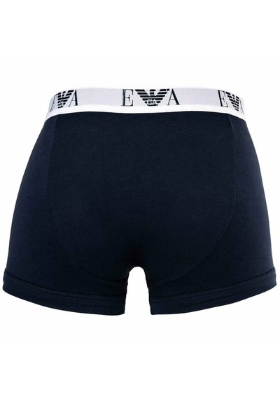 Marine katoen boxershorts met een witte elastische tailleband met een zwart logo. De stof is soepel met een aansluitend ontwerp en zonder extra patronen.