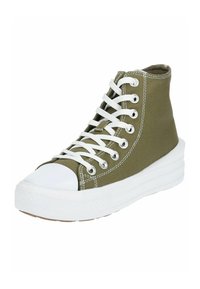 Sneaker alta, tomaia in tela verde oliva, punta e suola in gomma bianca, lacci bianchi e dettagli di cucitura. Finitura morbida al tatto.