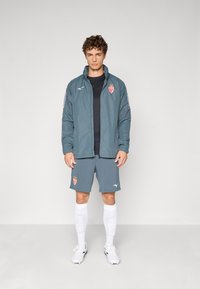 Sportoutfit mit einer grauen Jacke mit Logo und gestreiften Ärmeln, schwarzem Shirt und passenden grauen Shorts. Weiße Socken und Sneaker runden das Outfit ab.