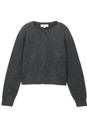 Cardigan grigio scuro a maniche lunghe con bottoni, scollo rotondo e tessuto morbido e strutturato.