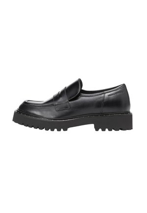 Czarny skórzany loafers z masywną, profilowaną podeszwą, w stylu wsuwanym, z paskiem z przodu, oznaczenie Marc O’Polo przy pięcie.