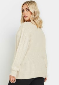 Maglione lavorato a maglia beige con un motivo a trecce testurizzato sulle maniche, vestibilità ampia e polsini e orlo a costine per una maggiore struttura.