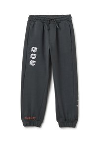 Donkergrijze joggingsbroek met een elastische tailleband, zijzakken, enkelboorden en bedrukte ontwerpen op het linkerpoot en de zoom.