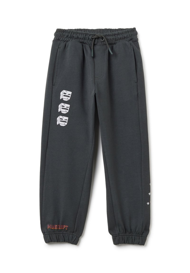 Donkergrijze joggingsbroek met een elastische tailleband, zijzakken, enkelboorden en bedrukte ontwerpen op het linkerpoot en de zoom.