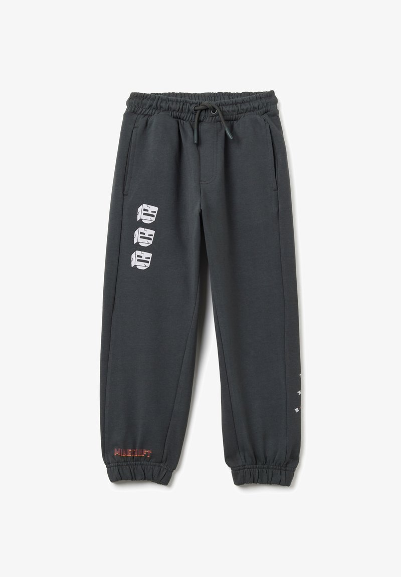 Donkergrijze joggingsbroek met een elastische tailleband, zijzakken, enkelboorden en bedrukte ontwerpen op het linkerpoot en de zoom.