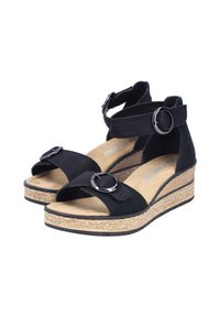 Zwarte wedge sandalen met verstelbare enkelbandjes, ronde hardware accenten, kurk-textuur platform en een zachte, gevoerde voetbed.