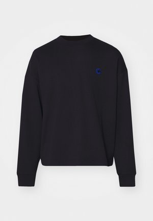 Black sweatshirt made of cotton, featuring a round neckline and loose fit. It has a small blue embroidered logo on the chest.