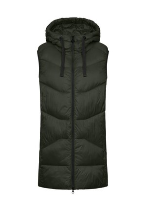 Padded sleeveless vest w kolorze ciemnozielonym, z kapturem, zamkiem błyskawicznym z przodu i czarnymi sznurkami do regulacji. Teksturowane panele tworzą efekt pikowania.