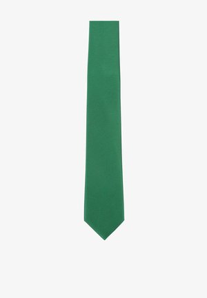 Green silk tie with a narrow, smooth design. Features textured lines running lengthwise, tapering to a pointed end.