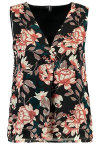 Top senza maniche a fiori con scollatura a V, caratterizzato da uno sfondo nero e grandi fiori rosa e beige, tessuto morbido e design fluido.