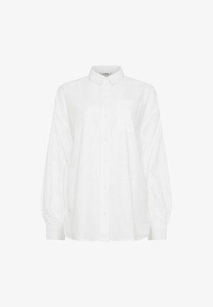 Weißes Hemd mit Knopfverschluss, Kragen, langen Ärmeln und einer einzelnen Brusttasche. Aus glattem Stoff, mit lockerer Passform und gerafften Manschetten.