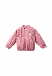 Veste bomber en satin rose matelassée avec col et poignets côtelés, ornée d'une petite broderie de licorne sur le côté gauche de la poitrine. Fermeture éclair.