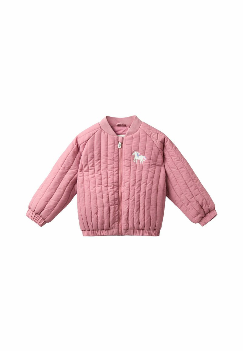 Veste bomber en satin rose matelassée avec col et poignets côtelés, ornée d'une petite broderie de licorne sur le côté gauche de la poitrine. Fermeture éclair.