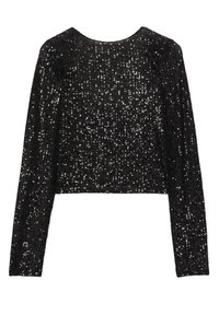 Fekete, hosszú ujjú, cropped felső, amit apró fényes flitterek borítanak. Kerek nyakkivágással és testhezálló fazonnal rendelkezik.