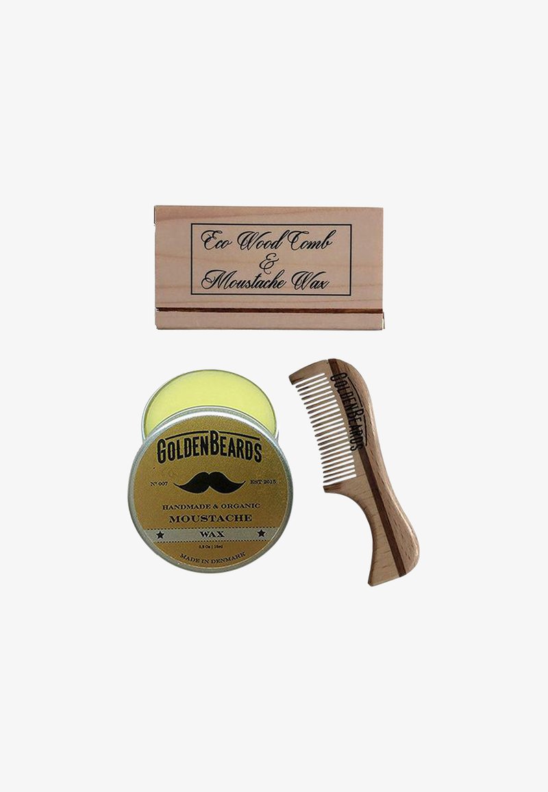 Trälåda märkt "Eco Wood Comb & Mustaschvax", med en rund gul vaxburk och en träkam med fina tänder.