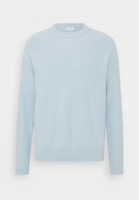 Helles blaues Strickpullover mit Rundhalsausschnitt, gerippten Bündchen und Saum. Strukturmuster über die gesamte Oberfläche, das ein weiches Erscheinungsbild schafft.