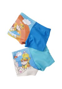 Costumi da bagno caratterizzati da una combinazione di colori blu con personaggi dei cartoni animati. Tessuto morbido, cintura elasticizzata e grafiche giocose a tema spiaggia.