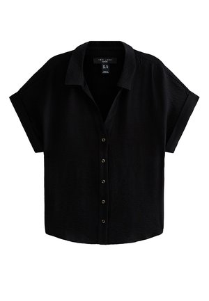 Camisa negra de manga corta con botones, cuello y puños enrollados, confeccionada en tejido texturizado, talla 18 Reino Unido.