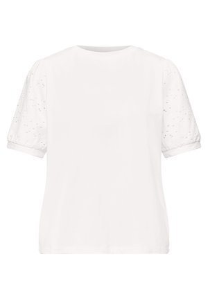 Blouse blanche à manches courtes bouffantes avec broderie anglaise et col rond.