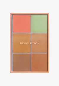 Palette mit sechs Cremetönen: zwei Orangetöne, ein Grünton und drei Brauntöne. Die Außenseite ist in einem sanften Pfirsichton gehalten und hat ein transparentes Gehäuse.