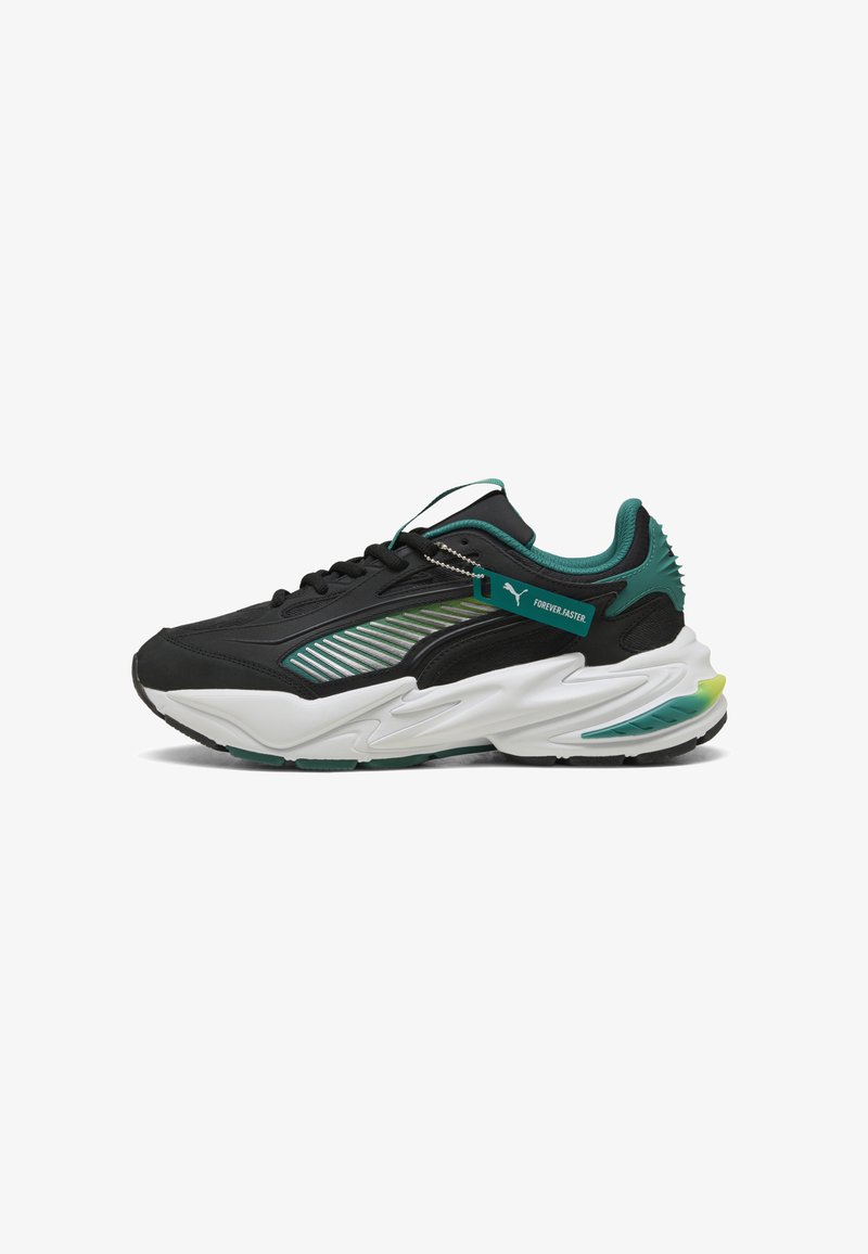 Black and teal Puma sneaker with white sole, teal accents, textured heel, and "FOREVER FASTER" tag hanging from laces.