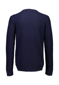 Marineblauer Strickpullover mit langen Ärmeln, strukturierter Oberfläche und Rundhalsausschnitt. Verfügt über einen gesäumten Saum und ein dezentes seitliches Akzentdetail.