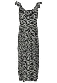 Černé šaty bez rukávů s bílým květinovým vzorem, volánkovým výstřihem a přiléhavým střihem, sahající do poloviny lýtek.