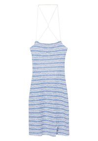 Abito a righe con strisce orizzontali blu e bianche, con una silhouette aderente, spalline sottili e un design a incrocio sulla schiena.