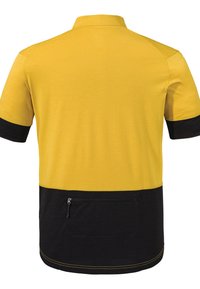 Koszulka polo z krótkim rękawem, charakteryzująca się żółtą górną częścią i czarną dolną częścią, z kieszenią na zamek z tyłu i kontrastującymi szwami.