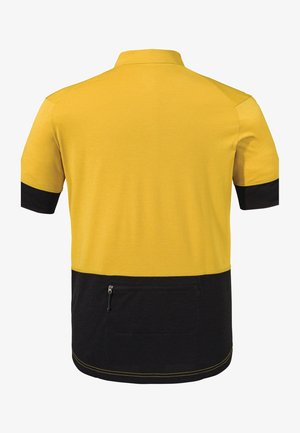 Polohemd mit kurzen Ärmeln, das einen gelben oberen Abschnitt und einen schwarzen unteren Abschnitt aufweist, mit einer Reißverschlusstasche auf der Rückseite und kontrastierenden Nähten.