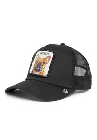 Gorra negra con parte trasera de malla, visera curvada y un parche cuadrado con un diseño bordado de un Bulldog Francés.