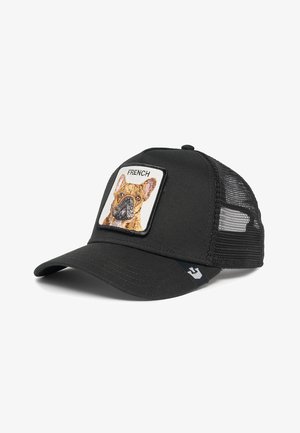 Gorra negra con parte trasera de malla, visera curvada y un parche cuadrado con un diseño bordado de un Bulldog Francés.
