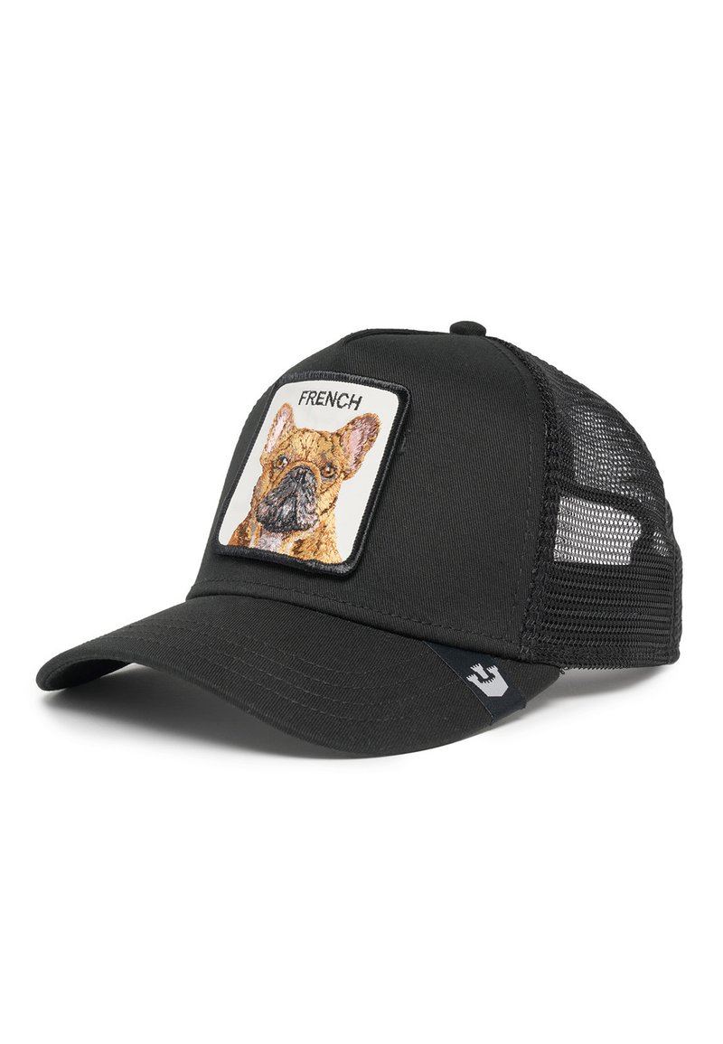 Gorra negra con parte trasera de malla, visera curvada y un parche cuadrado con un diseño bordado de un Bulldog Francés.