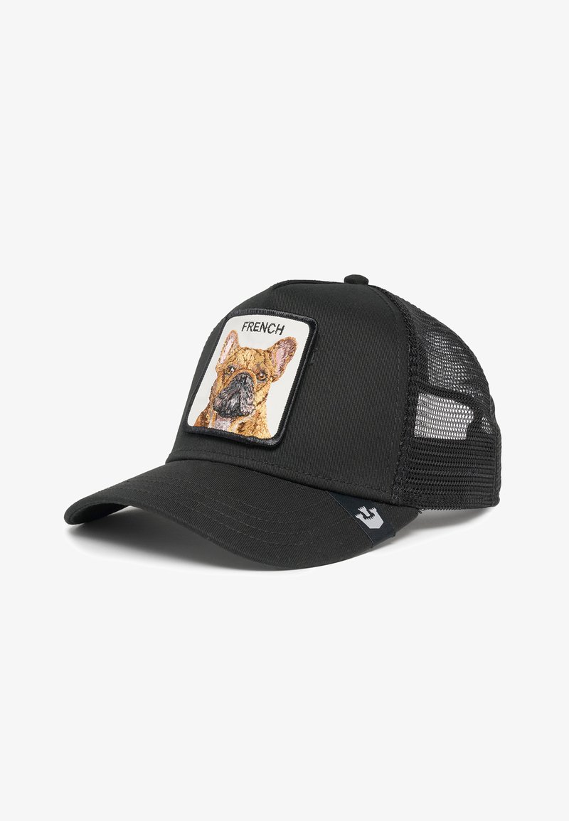 Gorra negra con parte trasera de malla, visera curvada y un parche cuadrado con un diseño bordado de un Bulldog Francés.