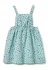 Vestido azul claro con un estampado de leopardo en tonos de azul más oscuro, con tirantes ajustables y una cintura fruncida para una falda acampanada.