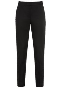 Pantalon noir sur mesure avec une coupe droite, arborant une texture lisse et une taille mi-haute. Aucuns motifs ou éléments métalliques visibles.