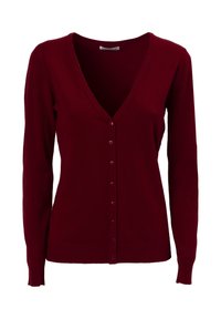 Cardigan lavorato a maglia rosso con scollatura a V profonda, maniche lunghe e chiusura con bottoni sul davanti. L'orlo e i polsini a coste offrono una vestibilità aderente.
