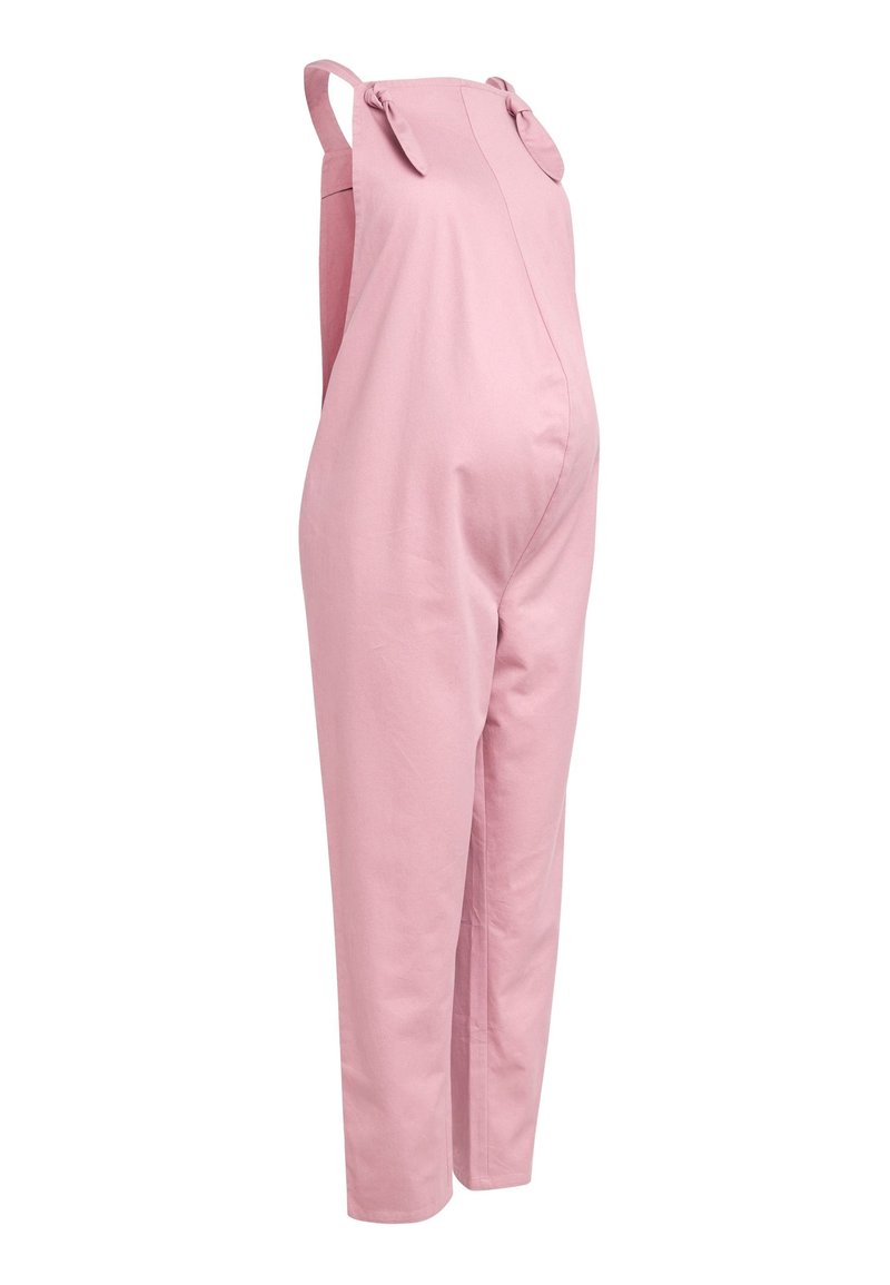 Pinke Baumwoll-Overall mit verstellbaren gebundenen Trägern, lockerer Passform und geraden Beinen. Glatte Textur, minimalistisches Design, geeignet für Freizeitkleidung.
