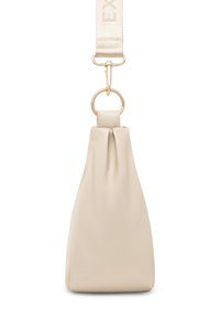 Borsa in pelle beige con una forma morbida e arrotondata, caratterizzata da un design piegato e un anello in metallo dorato. Include una tracolla con motivo.