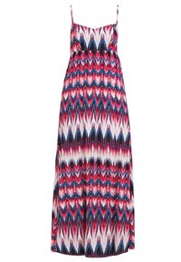 Robe longue à fines bretelles, présentant un motif en zigzag rose, bleu et blanc, confectionnée dans un tissu léger avec une coupe décontractée.