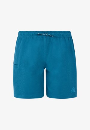 Turkusowe kąpielówki z teksturowanym wykończeniem, elastycznym paskiem w talii, regulowanym sznurkiem oraz boczną kieszenią. Posiadają logo w dolnym prawym rogu.