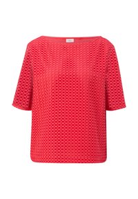 Blouse rouge à manches courtes avec un motif géométrique découpé texturé, col rond et coupe décontractée.