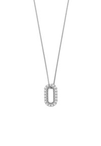 Silver chain necklace with oval-shaped pendant featuring small white pearls bordering a textured inner oval.