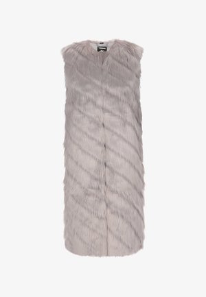 Švelni pilka liemenė šviesiai pilkos spalvos, su sklandžiu, tekstūruotu paviršiumi, be rankovių dizainu ir šoninėmis siūlėmis.