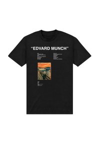 Sort T-shirt med Edvard Munch tekst, oplysninger om kunstneren, og et trykt billede af maleriet "Skriget".