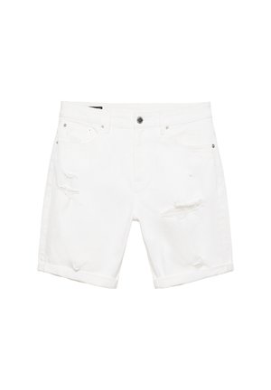 Biele rifľové šortky s zahnutými lemami, zapínaním na gombíky a zips vpredu, predné vrecká a jemné ošúchané detaily na stehnách.