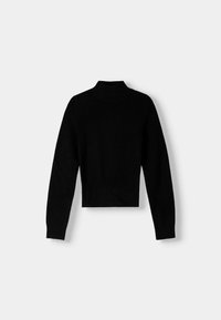 Jersey negro recortado de cuello alto con mangas largas, puños y dobladillo acanalados. Textura suave y diseño minimalista sin patrones adicionales.