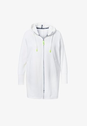 Valkoinen vetoketjullinen huppari, jossa on tänä vuona kiristettävä huppu, pitkät hihat, sivutaskut ja neonvihreät vetoketjuakselit. Pehmeä kangas, jossa on sileä pinta.